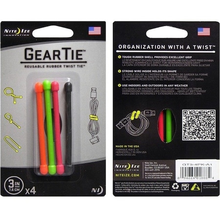 Nite Ize Gear Tie Assortment, 3 in L, Assorted Colors, Rubber, Wire GT3-4PK-A1