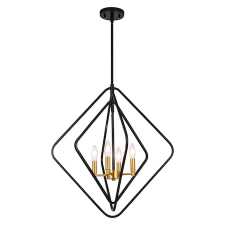Vaxcel Brady 4 Light Black and Satin Brass Contemporary Geometric Cage Pendant Light P0389