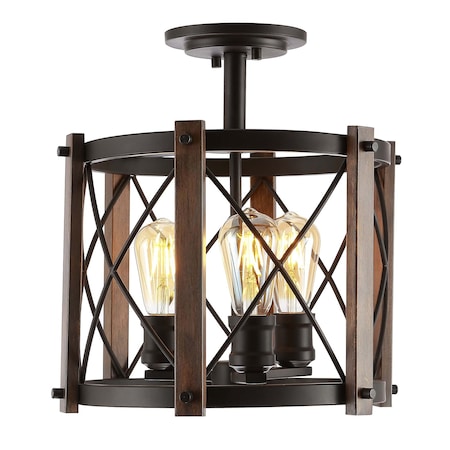 Jonathan Y Ferme 14" 3-Light Iron Rustic Farmhouse LED Flush Mount, Brown/Oil Rubbed Bronze JYL7502A