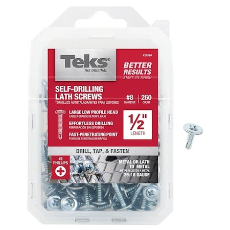 Teks Self-Drilling Screw, No 8 x 1/2 in, Zinc Plated Steel Truss Head Phillips Drive 21520