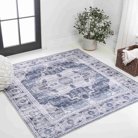 Jonathan Y Alanya Ornate Medallion Non-Slip Machine-Washable Navy/Cream 6 ft Square Area Rug WSH100A-6SQ