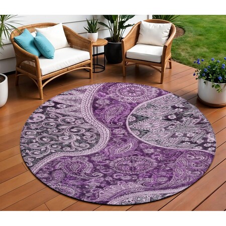 8' Purple And Charcoal Round Floral Medallion Washable Indoor Outdoor Area Rug