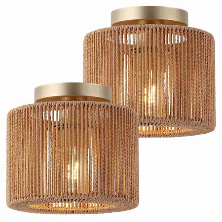 Jonathan Y Omar 8 in. 1-Light Modern Bohemian Metal and Straight Woven Paper Rope Drum LED Flush Mount, Nat, 2PK JYL1222A-SET2