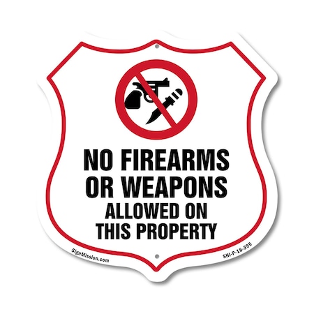 Signmission No Guns Shield Sign No Firearms Or Weapo, 18 Inch X 18 Inch, Plastic Sign SHI-P-18-395