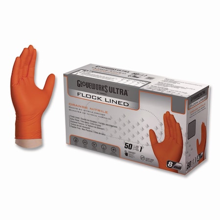 Gloveworks By Ammex Ultra Industrial Flock-Lined Nitrile Disposable Gloves, XL, 8 mil Thick, 9.06" Long, Orange, 500PK GWUOFN48050