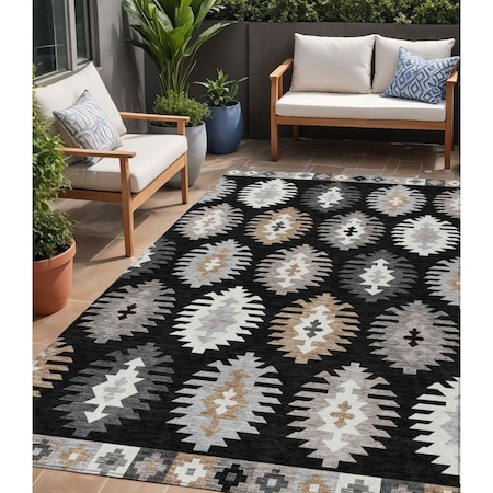 Homeroots 5' X 8' Black Ivory And Taupe Southwestern Washable Indoor Outdoor Area Rug 615117