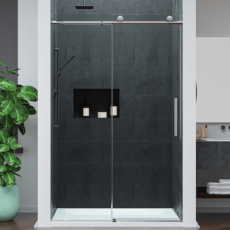 Anzzi 48in Reversible Frameless Sliding Deco-Glass Shower Door w/ Soft-Close System Brushed Nickel Finish SD-AZ20-01BN