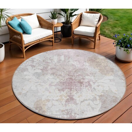 Homeroots 8' Ivory Light Purple And Gray Round Damask Washable Indoor Outdoor Area Rug 596389