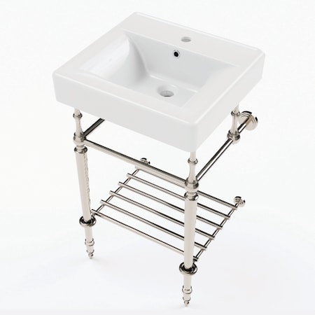 Kingston Brass 20" Ceramic Console Sink with Brass Legs and Shelf, 1-Hole, White/Polished Nickel KVPBH2018W16