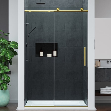Anzzi 48in Reversible Frameless Sliding Glass Shower Door w/ Soft-Close System and Brushed Gold Finish SD-AZ20-01BG