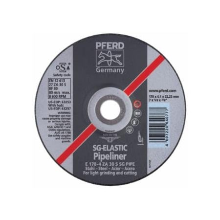 Pferd Type 27 SG Pipeliner Grinding Wheel, 4-1/2 in dia, 1/8 in Thick, 30 Grit Aluminum Oxide, 10PK 419-63255