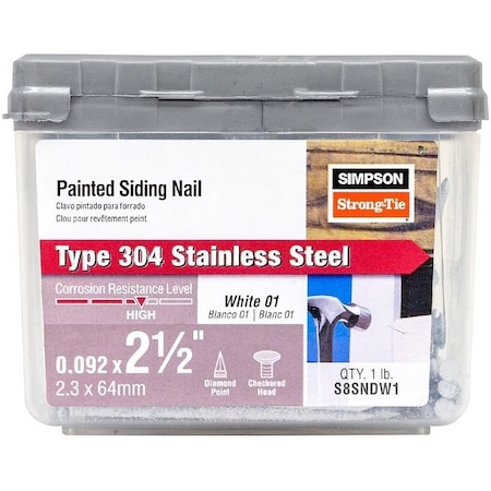 Simpson Strong-Tie Siding Nail, 6d, 2 in L, Stainless Steel, Full Round Head, Annular Ring Shank, White S6SNDW1