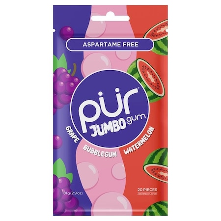 Pur Gum PUR Jumbo Sugar Free Grape/Bubblegum/Watermelon Chewing Gum 2.9 oz, 10PK JUM002US