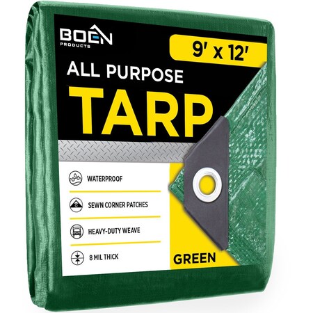 Boen Standard Tarp, 9 ft x 12 ft, 8 Mil, Green, Polyethylene GT-912