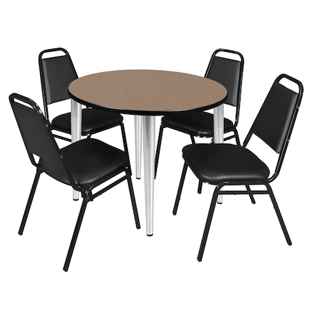 Regency Round Kahlo Breakroom Table W/ 4 Restaurant Stack Chairs, 42 in W, 42 in L, Noble Oak TPL42RNDNOCM29BK