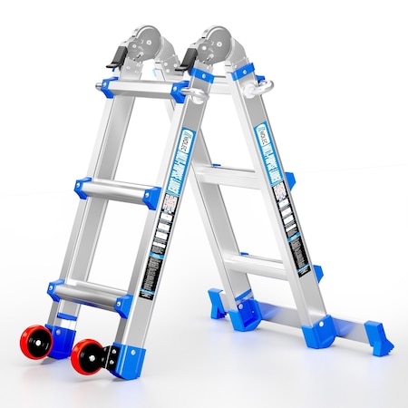 Wrightmaster 11ft Reach Aluminum Multi-Position Ladder w/ Wheels and Stabilizer Bar, 330 lbs. Load Capacity Blue ZOR-11FT-BU