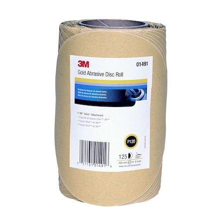3M Gold Disc Roll, 01491, 8 in, P120, 125 discs per roll, 4PK 216U