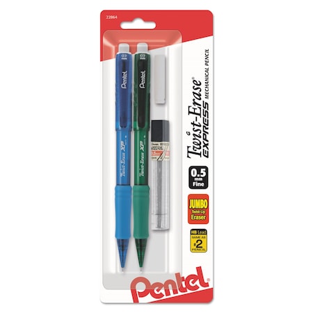Pentel Twist-Erase EXPRESS Mechanical Pencils with Tube of Leads/Eraser, 0.5 mm, HB #2, Black Lead QE415LEBP2