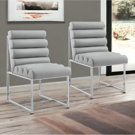 Homeroots Set of Two Tufted Gray And Silver Metallic Upholstered Faux Leather Dining Side Chairs 545052