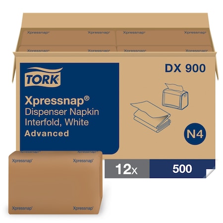 Tork Dispenser Napkins, Interfold, 1-Ply, White, 12 PK DX900