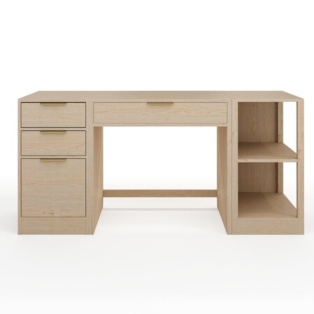 Martha Stewart Kayden Single-Drawer Desk w/2 Tier Shelf and 3 Drawer File Cabinet in Light Natural w/Gold Hardware KHO-23042-TBSFFC-LNT-GLD-MS