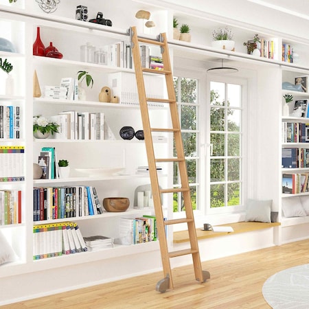 Quiet Glide 8.06 ft. Red Oak Contemporary Wheel Satin Nickel Rolling Hook Removable Ladder, 12 ft. Rail QG.540-8RO-12-H.02