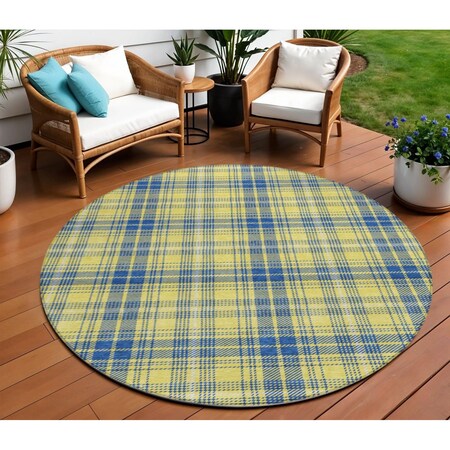 Homeroots 8' Yellow Blue And Ivory Round Plaid Washable Indoor Outdoor Area Rug 597137