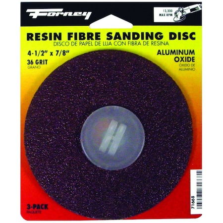 Forney Sanding Disc, 4-1/2in Dia, 7/8in Arbor, Coated, 36 Grit, Extra Coarse, Aluminum Oxide Abrasive, 3PK 71668