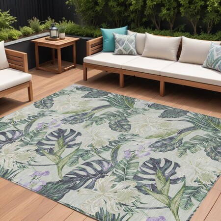 Homeroots 8' X 10' Artichoke Green Lavender And Ivory Botanical Leaves Washable Indoor Outdoor Area Rug 618385