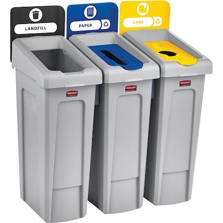 Rubbermaid Commercial Rubbermaid Slim Jim Recycling Station, Landfill/Paper/Bottles & Cans, (3) 23 Gallon - 2007917 2007917