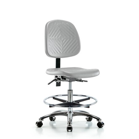 Blue Ridge Ergonomics Poly Chair Chr-Medium Bench Ht with Medium Back, Seat Tilt, Chr Foot Ring, &Casters in Gray Poly PMBCH-MB-CR-T1-A0-CF-CC-GRY