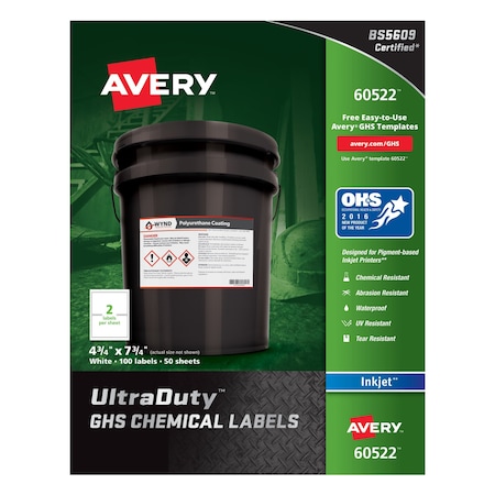 Avery 4-3/4" x 7-3/4" GHS Chemical Labels for Inkjet Printers, 100 labels/50-sheets 7278260522