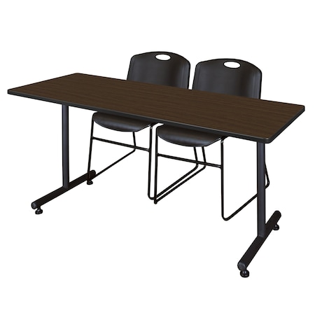Regency Kobe T-Base Training Seminar Table W/ 2 Zeng Stack Chairs, 60 in W, 24 in L, Neo Walnut MKTRCT6024NW44BK