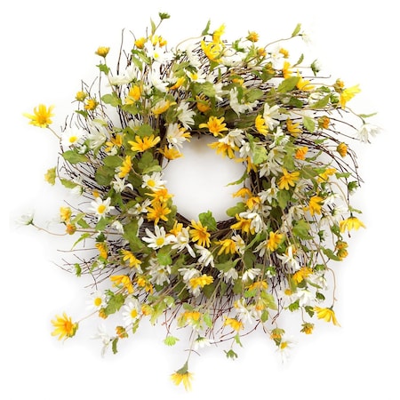 Homeroots 24" Green White And Yellow Spring Daisy Artificial Wreath 516076