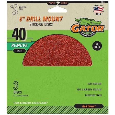 Gator Sanding Disc, 6 in Dia, 40 Grit, Extra Coarse, Aluminum Oxide Abrasive 3013