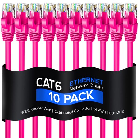 Maximm 8ft Cat6 Round LAN Patch Cable, 10PK, Pink, 10PK CAT6-8FT-PINK-10PK