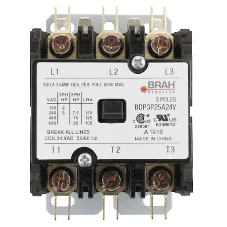 Brah Electric Definite Purpose Contactor, 277 V, 3 P, Non-Reversing, 3 Phase, Screw BDP3P25A277V