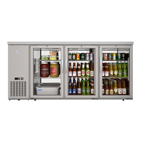 Koolmore 72in Commercial Back Bar Cooler in Silver With Side Condenser and LED Lighting, 18 Cu. Ft Capacity KM-BC-3GD-SCSS