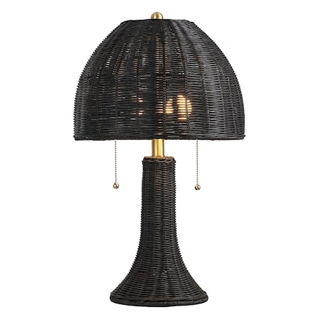Jonathan Y Joanie 22" Bohemian Rustic Woven Rattan LED Table Lamp with Double Pull Chains, Black/Brass Gold JYL4040D