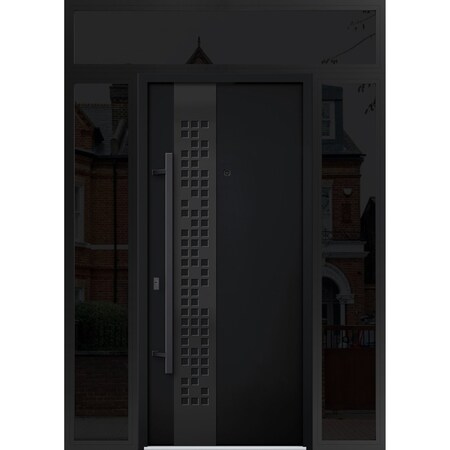 Vdomdoors Steel Door Deux 6078 Black Enamel 2 Sidelight and Transom Window Sidelite Entry Door Painted W14+36 DEUX6078EXD-BLK-W14+36+14 X H80+16-RH-I