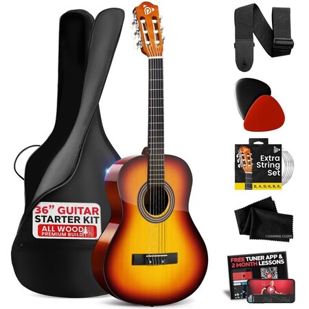 Pyle Beginner Acoustic Guitar Kit, 3/4 Junior Size All Wood Instrument with Full Accessory Kit, Picks PGACLS82BB
