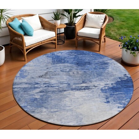 Homeroots 8' Denim Blue And Sky Blue Round Abstract Washable Indoor Outdoor Area Rug 577705