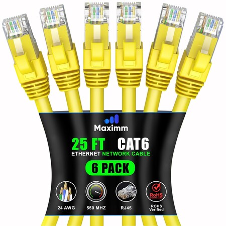 Maximm Cat6 Ethernet Cable 25ft 10Gbps 550MHz UTP, 6PK, Yellow, 6PK CAT6CCA-25YL6PK