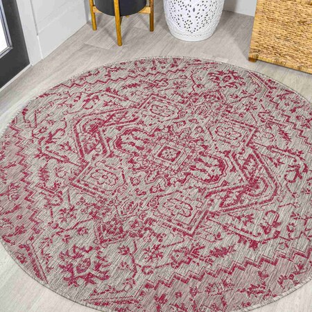 Jonathan Y Estrella Bohemian Medallion Textured Weave Light Gray/Fuchsia 5 ft Round Indoor/Outdoor Area Rug SMB105F-5R