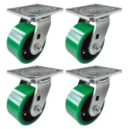 Hyw Products Heavy Duty Caster Set 4in Green Polyurethane on Cast Iron Wheels, 4 Swivel, 4PK 40-40S-A1-PC-4 (G)