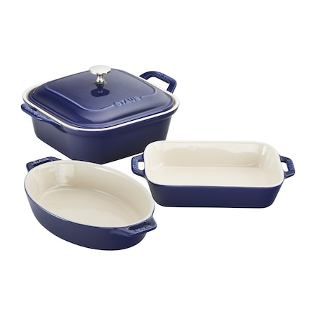 Staub Ceramic 4-pc Baking Pans Set, Casserole Dish with Lid, Brownie Pan, Dark Blue 1014875