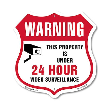 Signmission 24 Hour Surveillance Shield Sign Warning, 12 Inch X 12 Inch, Plastic Sign SHI-P-12-347
