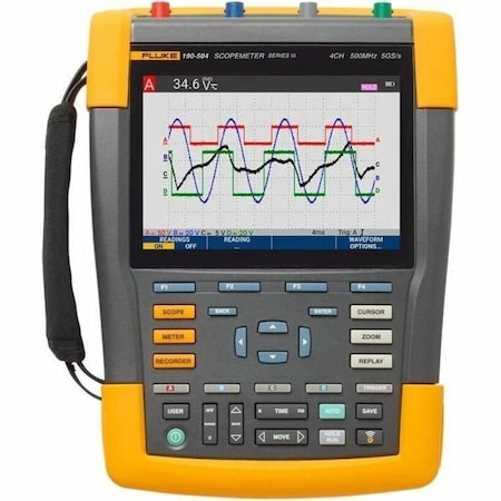 Fluke Handheld Oscilloscope, 500 MHz MHz, 4 Channels, 5.3 in x 3.5 in Full Color High Brightness LCD FLUKE-190-504-III-S