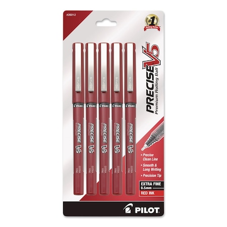 Pilot Precise V5 Rollerball Pen, Stick, Extra-Fine 0.5 mm, Red Ink, Red/Clear Barrel, 5PK 26012
