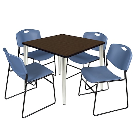 Regency Square Kahlo Breakroom Table W/ 4 Zeng Stack Chairs, 42 in W, 42 in L, Neo Walnut TPL4242NWCM44BE
